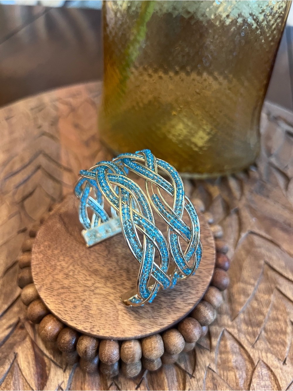 New Gold-Tone Braided Cuff Bracelet with Teal Crystals